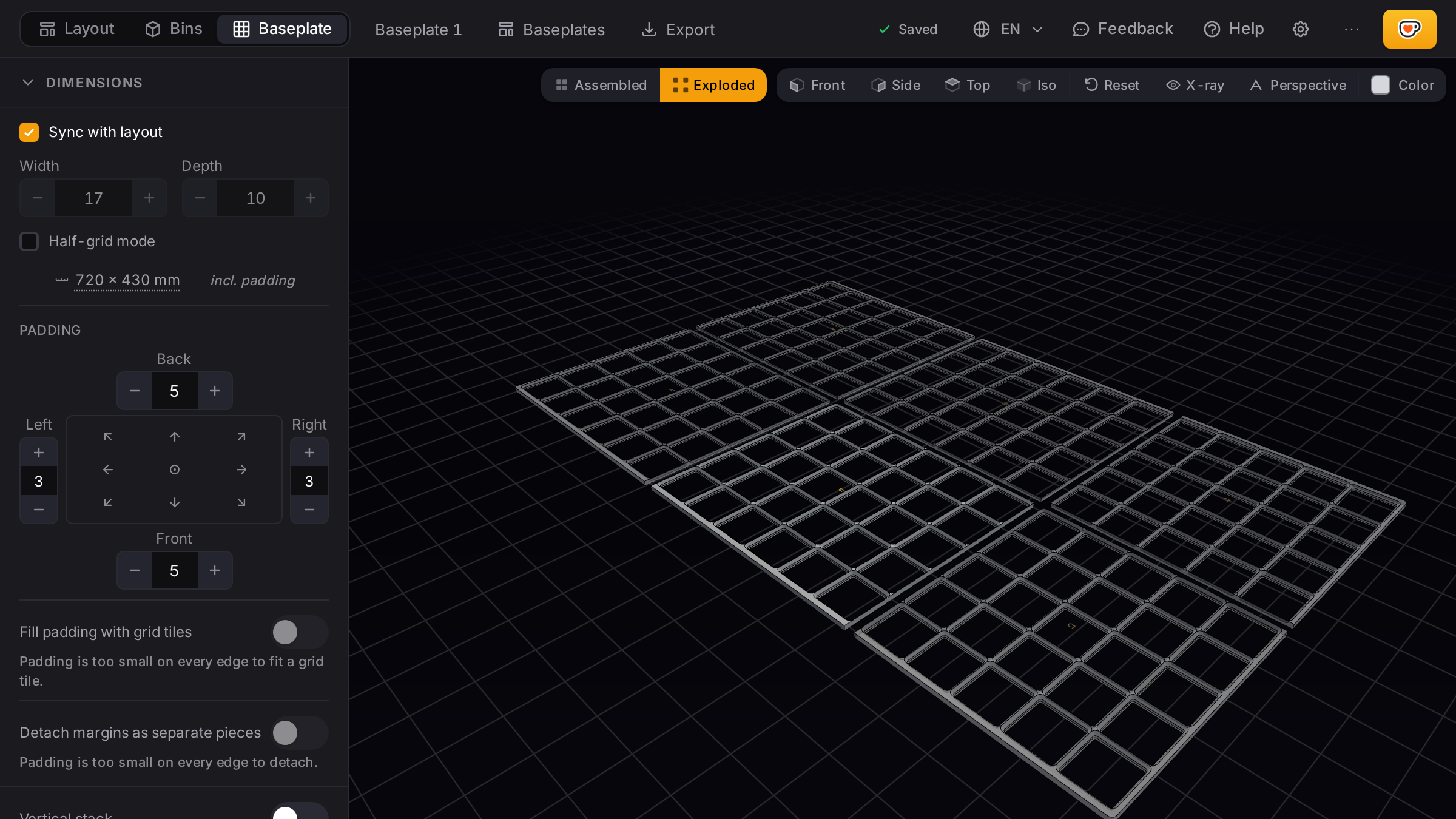 Split IKEA Malm drawer baseplate shown as six print-bed pieces in the generator's 3D view